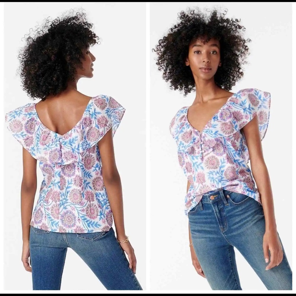J.Crew NWT Floral Vine Block Print Ruffle Sleeve V Neck Cotton Blouse Size M